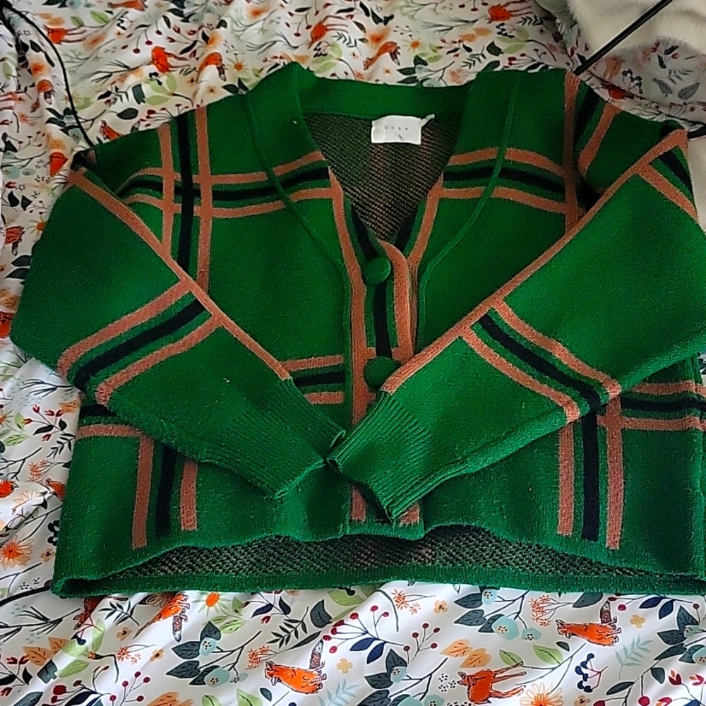 Lush Green, Taupe, and Black Plaid Button Down Cardigan Size:Small